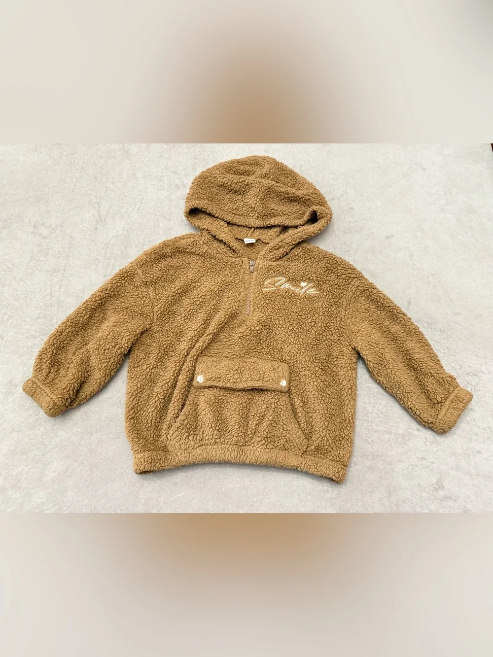 SHEIN Girls Teddy Fleece Hoodie Size 5Y Brown Sherpa Pullover Hooded Sweatshirt